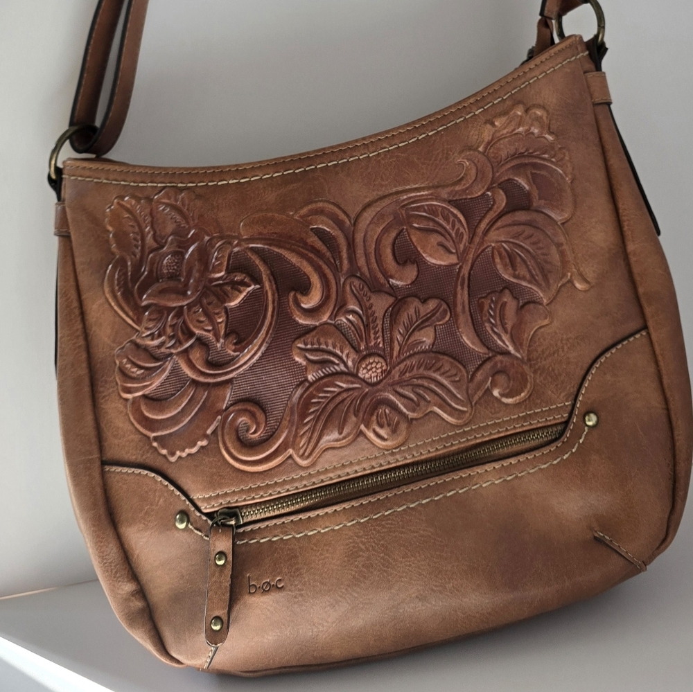 b.o.c. Tan Floral Faux leather Embossed Shoulder Bag